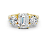 Yellow gold Three-Stone Emerald Cut Diamond Ring with Round Accent Stones, Prong Setting, and Classic Band_3