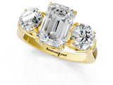 Yellow gold Three-Stone Emerald Cut Diamond Ring with Round Accent Stones, Prong Setting, and Classic Band_4
