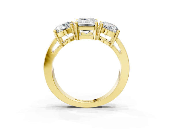 Yellow gold Three-Stone Emerald Cut Diamond Ring with Round Side Stones, Classic Band, and Four-Prong Setting
