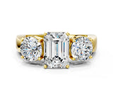 Yellow gold Three-Stone Emerald Cut Diamond Ring with Round Side Stones, Classic Band, and Four-Prong Setting_7