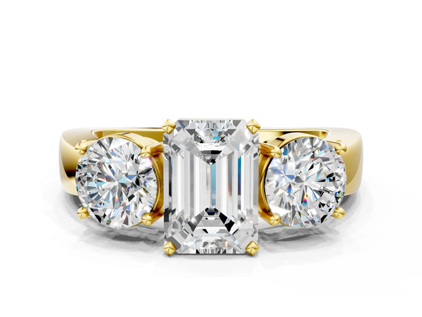 Yellow gold Three-Stone Emerald Cut Diamond Ring with Round Side Stones, Classic Band, and Four-Prong Setting