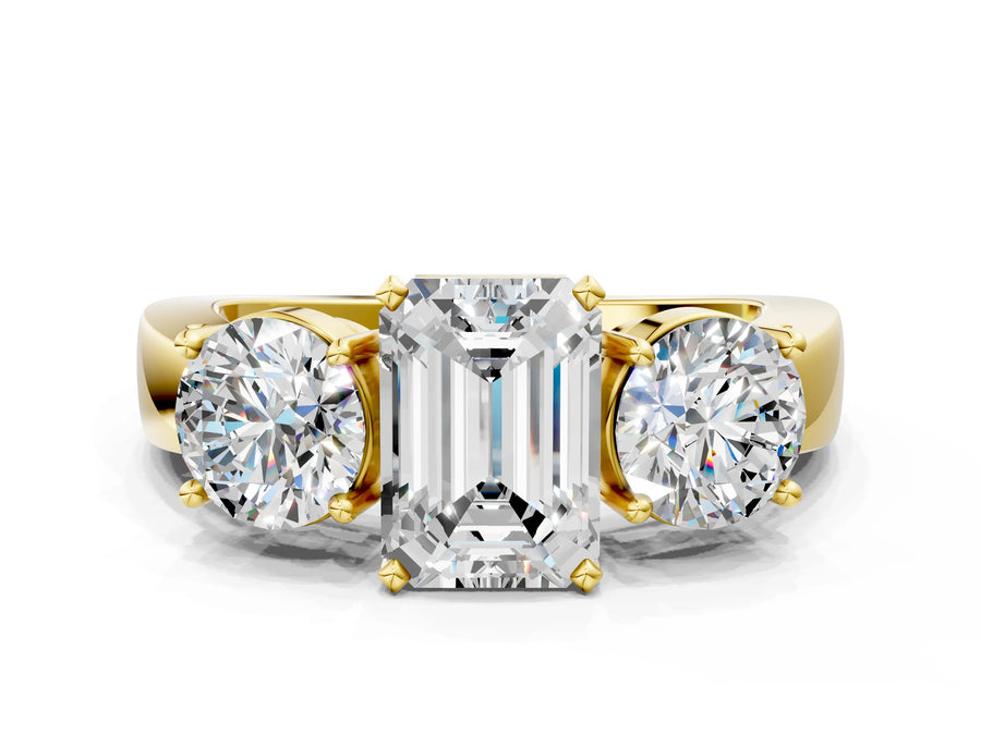 Yellow gold Three-Stone Emerald Cut Diamond Ring with Round Side Stones, Classic Band, and Four-Prong Setting