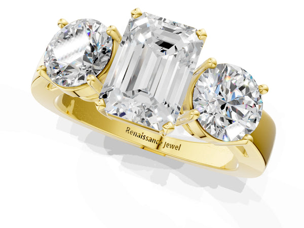 Yellow gold Three-Stone Emerald Cut Diamond Ring with Round Side Stones, Classic Band, and Four-Prong Setting