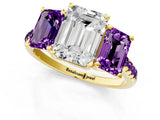 Yellow gold Three-Stone Emerald Cut Diamond Ring with Round with Amethyst side stone Pavé Band and Prong Setting_1