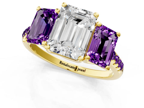 Yellow gold Three-Stone Emerald Cut Diamond Ring with Round with Amethyst side stone Pavé Band and Prong Setting_1