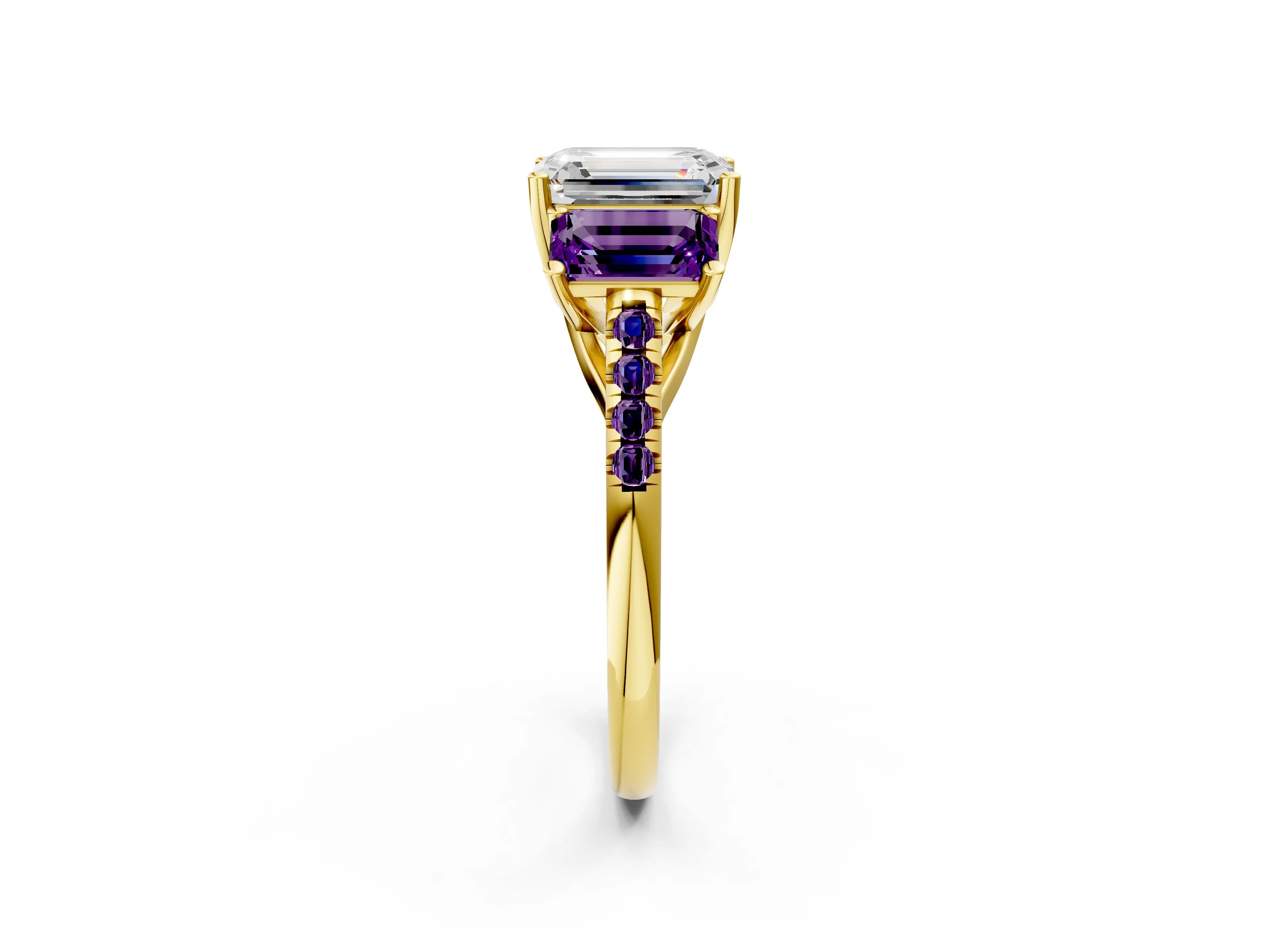 Yellow gold Three-Stone Emerald Cut Diamond Ring with Round with Amethyst side stone Pavé Band and Prong Setting_2