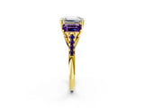 Yellow gold Three-Stone Emerald Cut Diamond Ring with Round with Amethyst side stone Pavé Band and Prong Setting_2