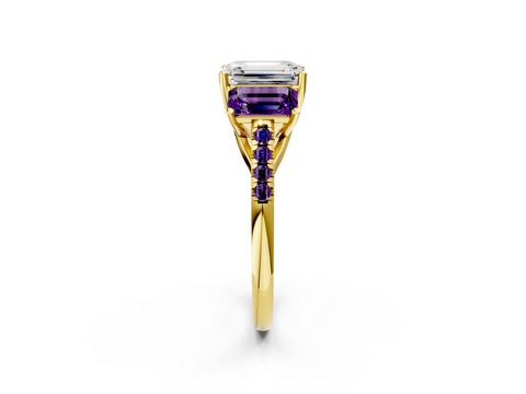 Yellow gold Three-Stone Emerald Cut Diamond Ring with Round with Amethyst side stone Pavé Band and Prong Setting_2