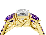 Yellow gold Three-Stone Emerald Cut Diamond Ring with Round with Amethyst side stone Pavé Band and Prong Setting_4