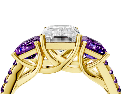 Yellow gold Three-Stone Emerald Cut Diamond Ring with Round with Amethyst side stone Pavé Band and Prong Setting_4