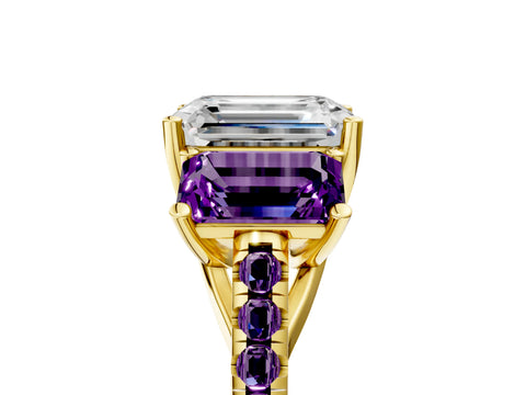 Yellow gold Three-Stone Emerald Cut Diamond Ring with Round with Amethyst side stone Pavé Band and Prong Setting_5