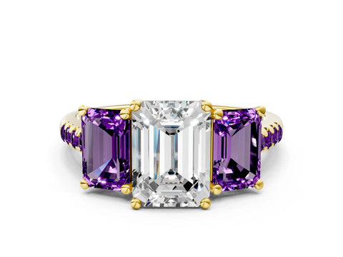 Yellow gold Three-Stone Emerald Cut Diamond Ring with Round with Amethyst side stone Pavé Band and Prong Setting