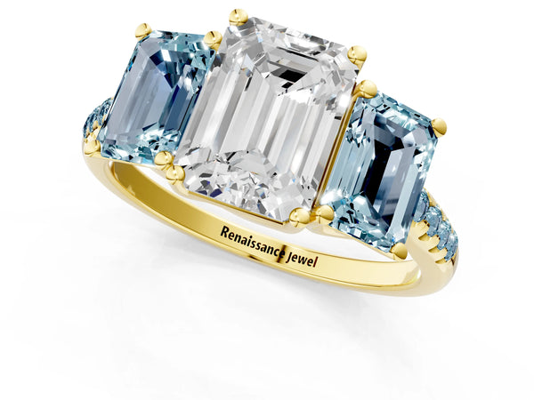 18K Yellow Gold Three-Stone 2.50 Carat E VS1 Emerald Aquamarine Ring with Round Pavé Band and Prong Setting