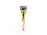 18K Yellow Gold Three-Stone 2.50 Carat E VS1 Emerald Aquamarine Ring with Round Pavé Band and Prong Setting