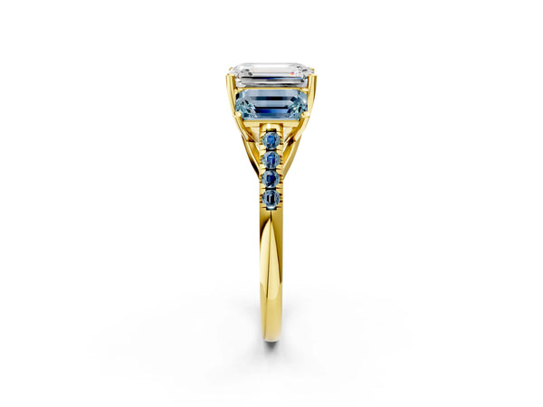 18K Yellow Gold Three-Stone 2.50 Carat E VS1 Emerald Aquamarine Ring with Round Pavé Band and Prong Setting