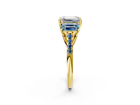 Yellow gold Three-Stone Emerald Cut Diamond Ring with Round with Aquamarine side stone Pavé Band and Prong Setting_2