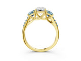 18K Yellow Gold Three-Stone 2.50 Carat E VS1 Emerald Aquamarine Ring with Round Pavé Band and Prong Setting