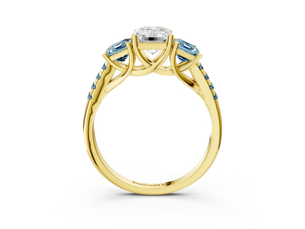 18K Yellow Gold Three-Stone 2.50 Carat E VS1 Emerald Aquamarine Ring with Round Pavé Band and Prong Setting