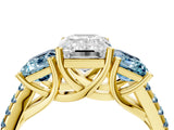 18K Yellow Gold Three-Stone 2.50 Carat E VS1 Emerald Aquamarine Ring with Round Pavé Band and Prong Setting