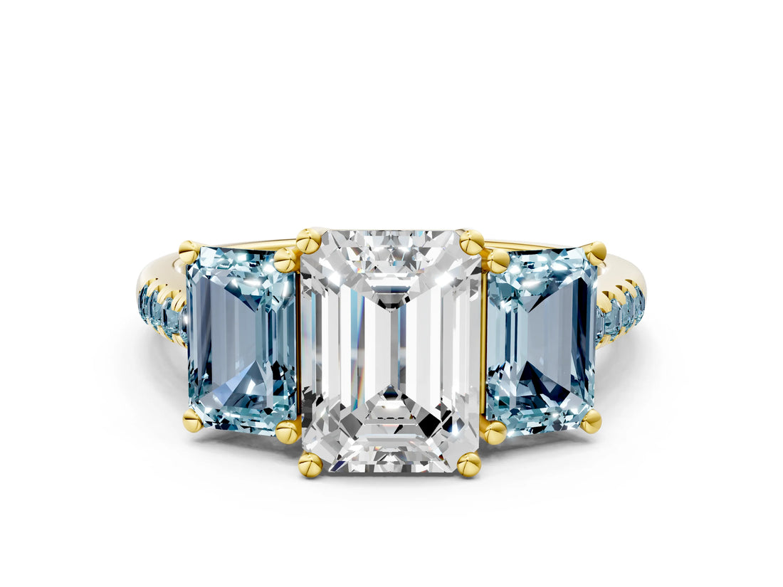 18K Yellow Gold Three-Stone 2.50 Carat E VS1 Emerald Aquamarine Ring with Round Pavé Band and Prong Setting