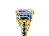 18K Yellow Gold Three-Stone 2.50 Carat E VS1 Emerald Aquamarine Ring with Round Pavé Band and Prong Setting