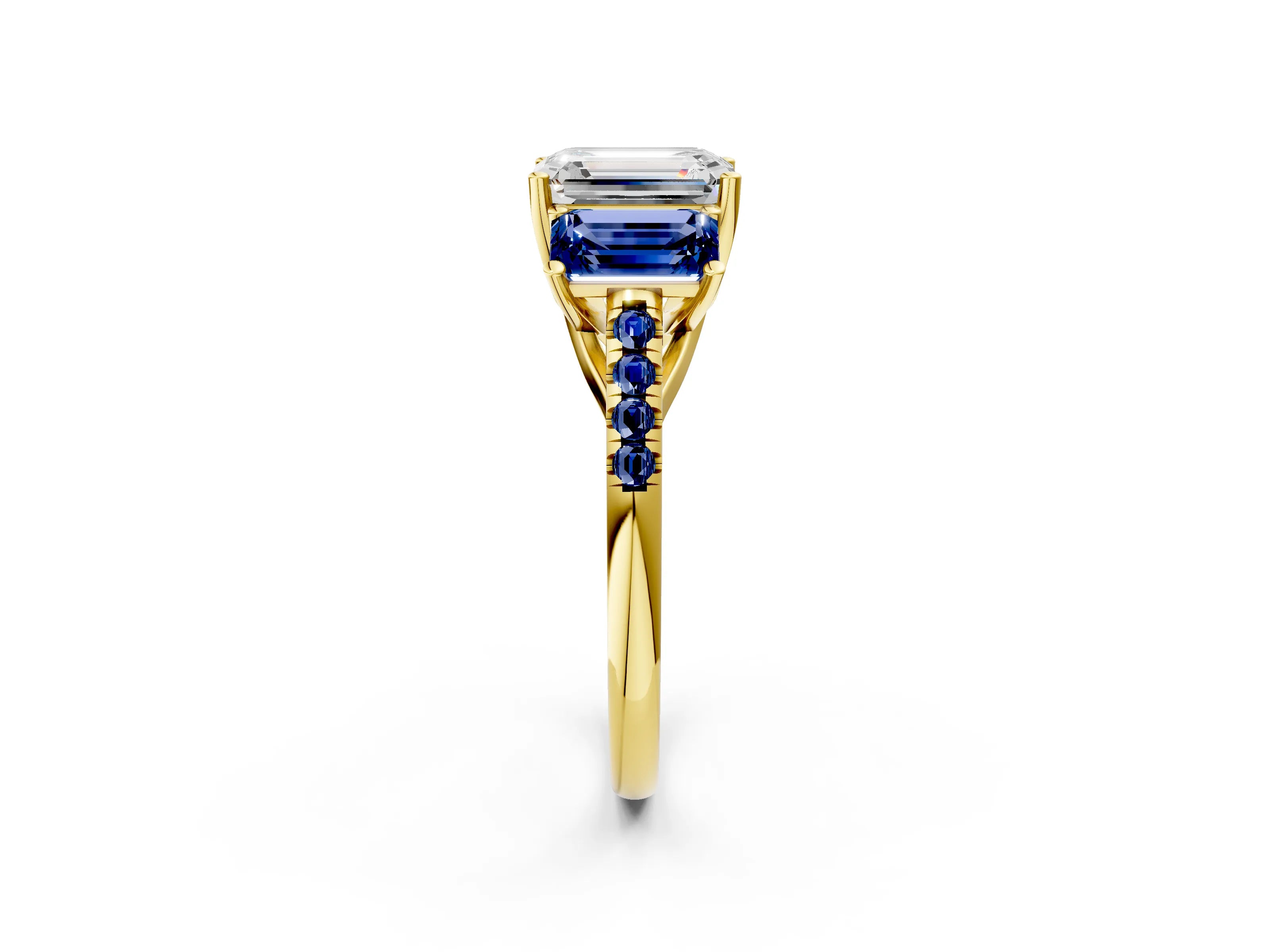 Yellow gold Three-Stone Emerald Cut Diamond Ring with Round with Blue Sapphire side stone Pavé Band and Prong Setting_2