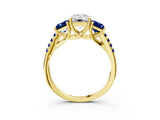 Yellow gold Three-Stone Emerald Cut Diamond Ring with Round with Blue Sapphire side stone Pavé Band and Prong Setting_3