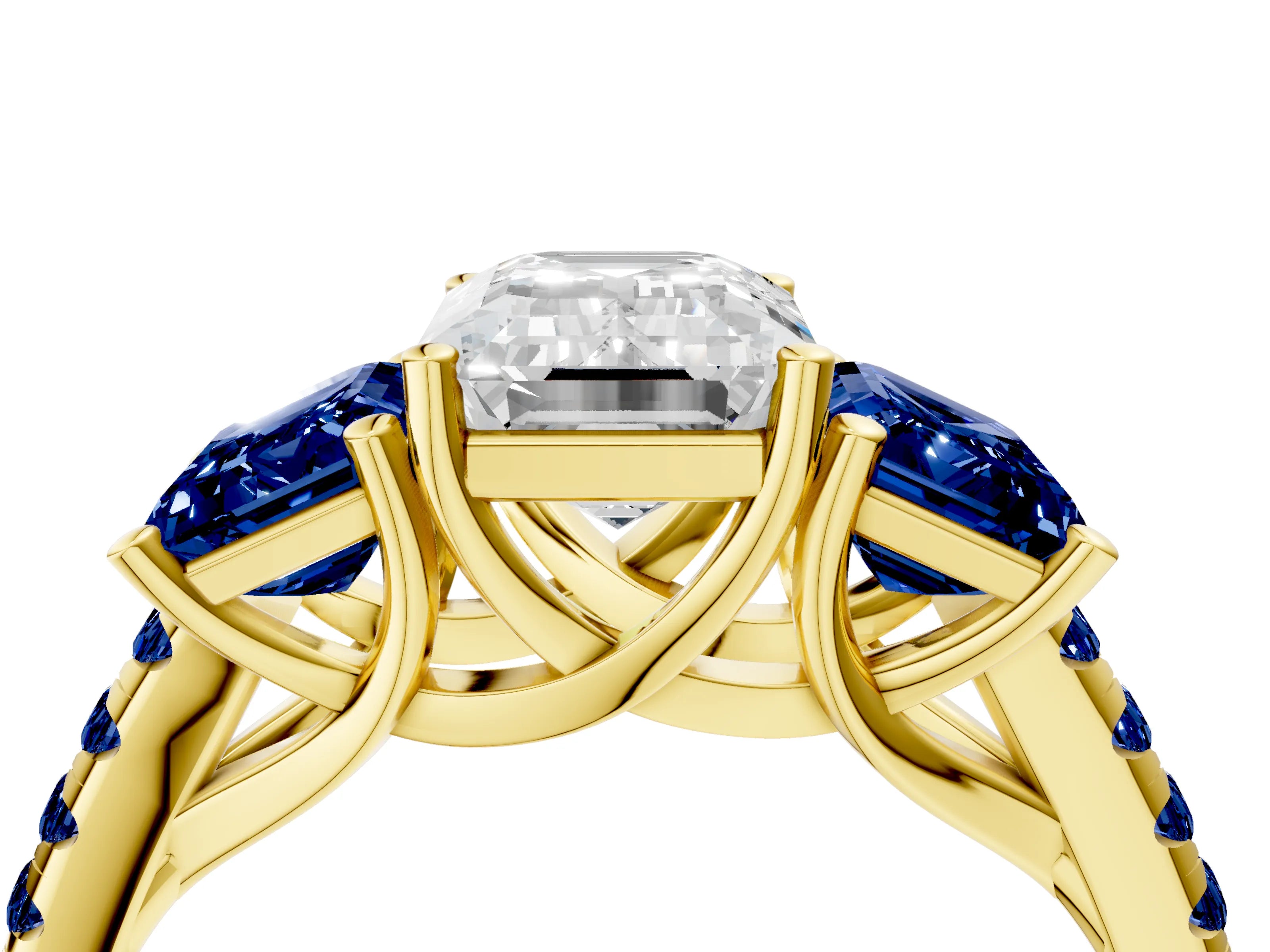 Yellow gold Three-Stone Emerald Cut Diamond Ring with Round with Blue Sapphire side stone Pavé Band and Prong Setting_4