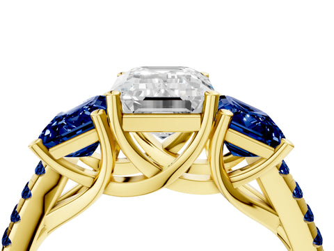 Yellow gold Three-Stone Emerald Cut Diamond Ring with Round with Blue Sapphire side stone Pavé Band and Prong Setting_4