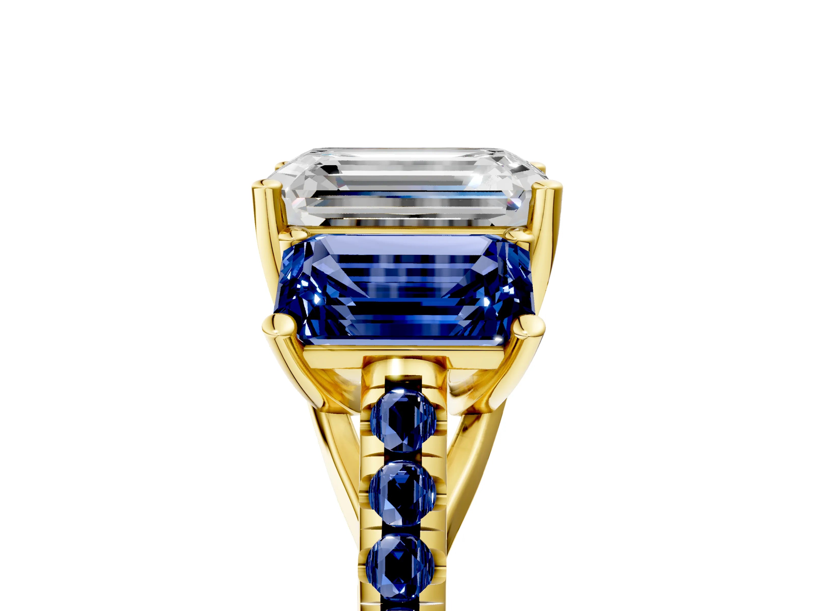Yellow gold Three-Stone Emerald Cut Diamond Ring with Round with Blue Sapphire side stone Pavé Band and Prong Setting_5