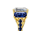 Yellow gold Three-Stone Emerald Cut Diamond Ring with Round with Blue Sapphire side stone Pavé Band and Prong Setting_5