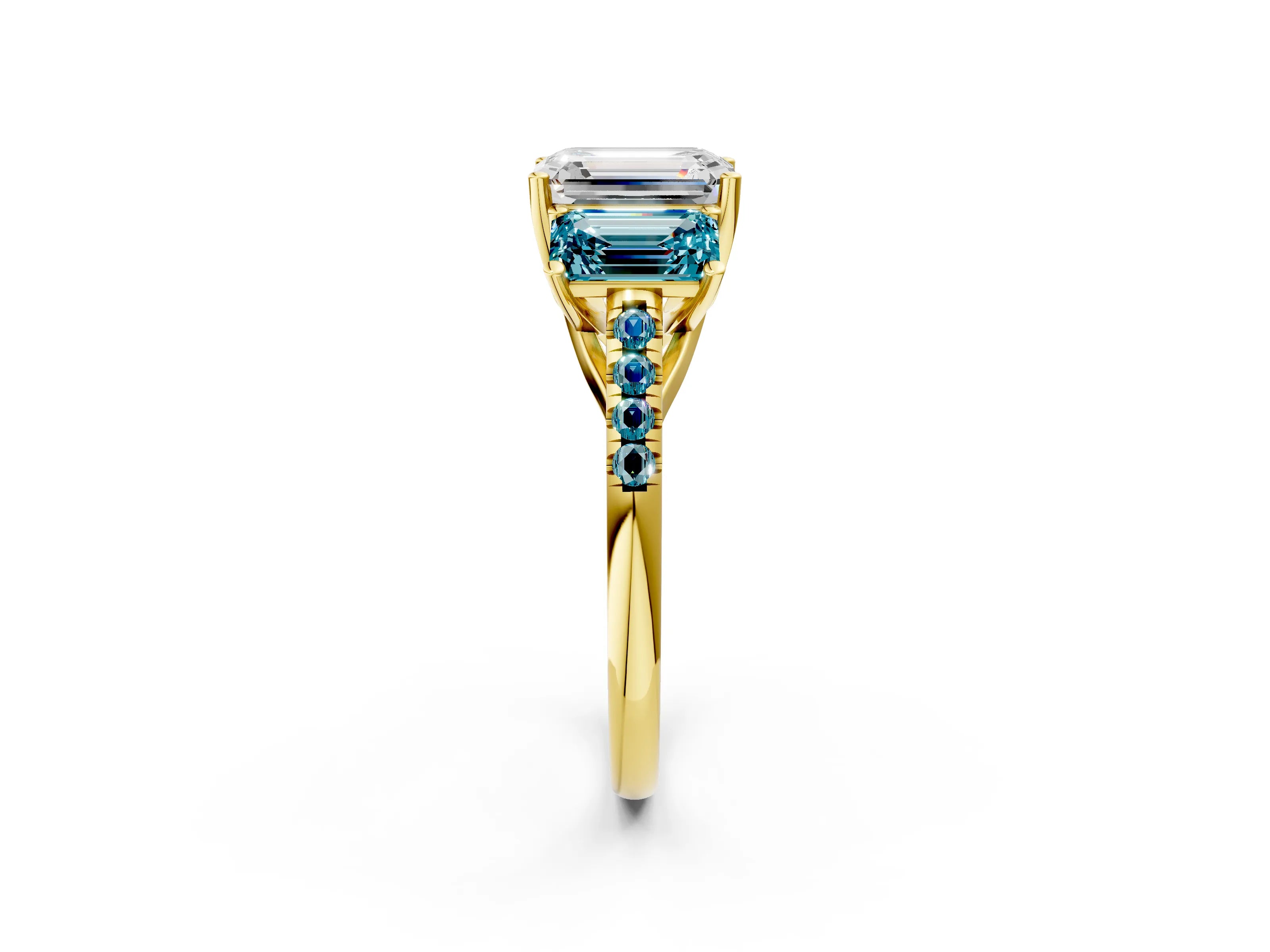 Yellow gold Three-Stone Emerald Cut Diamond Ring with Round with Blue Topaz side stone Pavé Band and Prong Setting_2