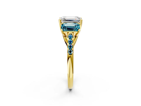 Yellow gold Three-Stone Emerald Cut Diamond Ring with Round with Blue Topaz side stone Pavé Band and Prong Setting_2