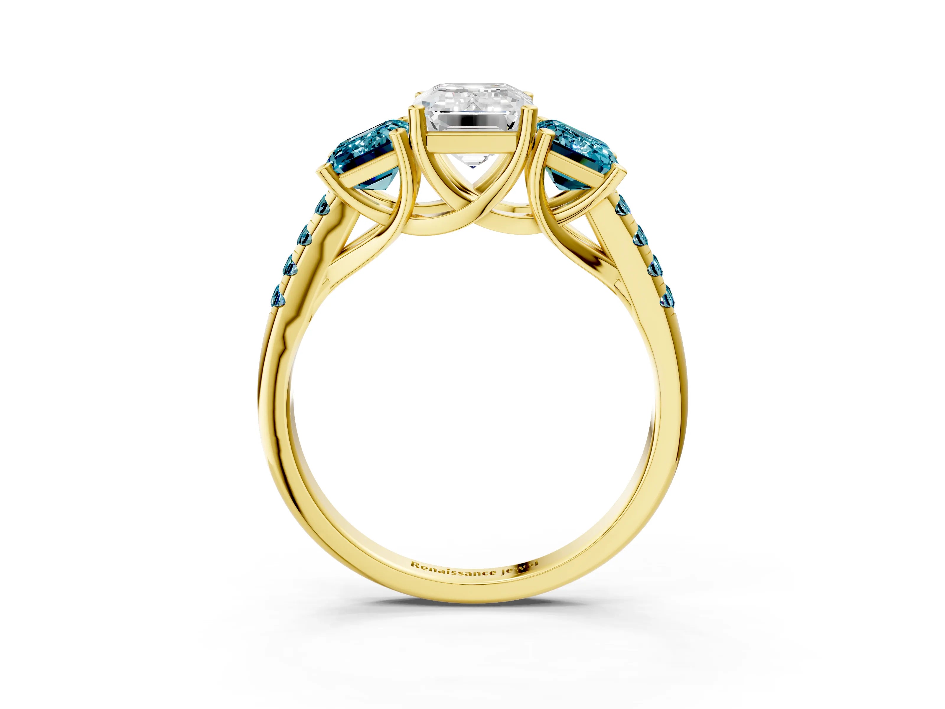 Yellow gold Three-Stone Emerald Cut Diamond Ring with Round with Blue Topaz side stone Pavé Band and Prong Setting_3