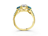 Yellow gold Three-Stone Emerald Cut Diamond Ring with Round with Blue Topaz side stone Pavé Band and Prong Setting_3