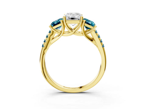 Yellow gold Three-Stone Emerald Cut Diamond Ring with Round with Blue Topaz side stone Pavé Band and Prong Setting_3