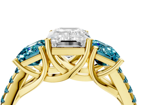 Yellow gold Three-Stone Emerald Cut Diamond Ring with Round with Blue Topaz side stone Pavé Band and Prong Setting_4