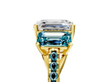Yellow gold Three-Stone Emerald Cut Diamond Ring with Round with Blue Topaz side stone Pavé Band and Prong Setting_5