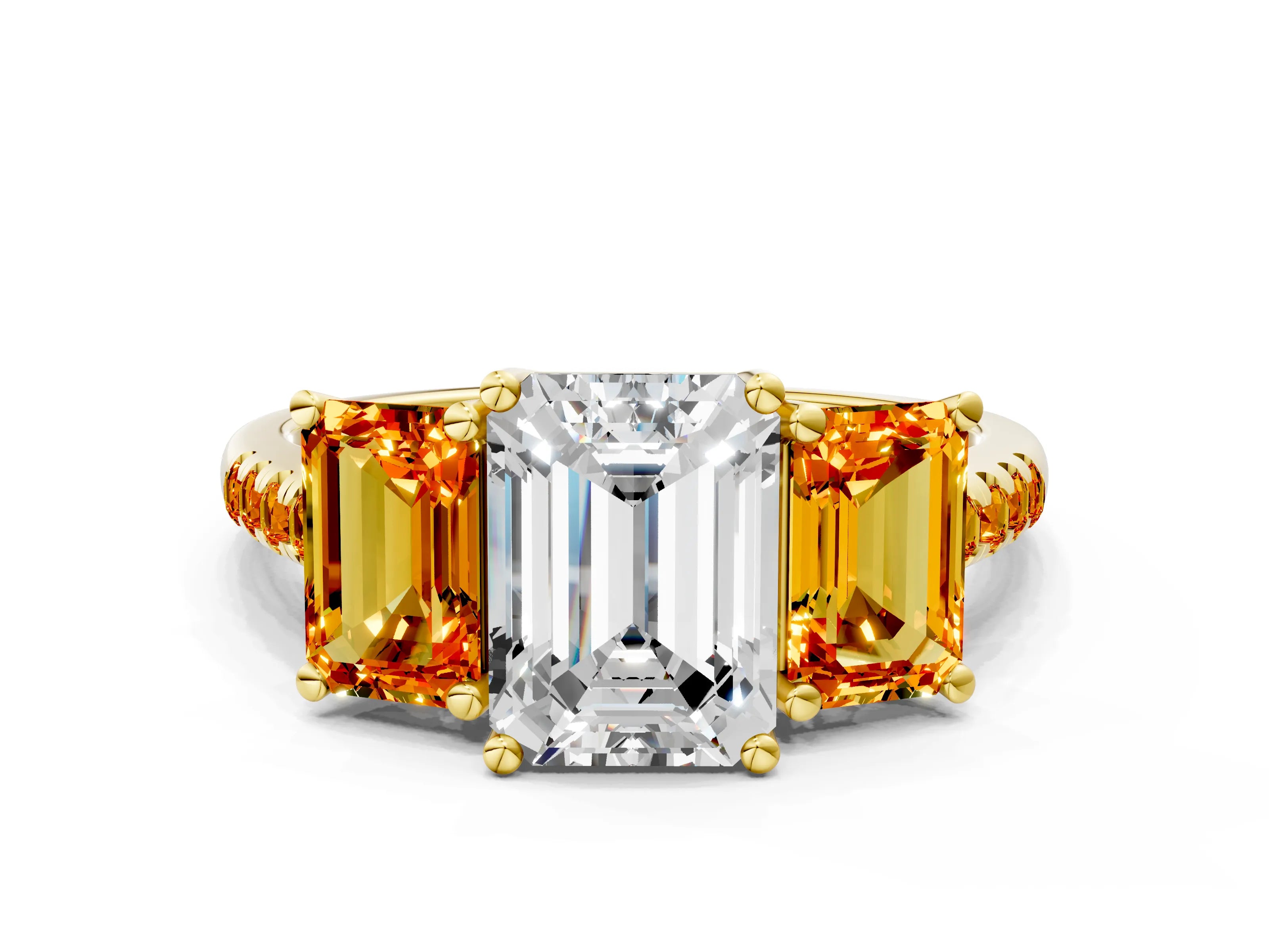 Yellow gold Three-Stone Emerald Cut Diamond Ring with Round with Citrine side stone Pavé Band and Prong Setting