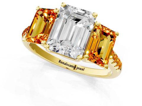 Yellow gold Three-Stone Emerald Cut Diamond Ring with Round with Citrine side stone Pavé Band and Prong Setting_1