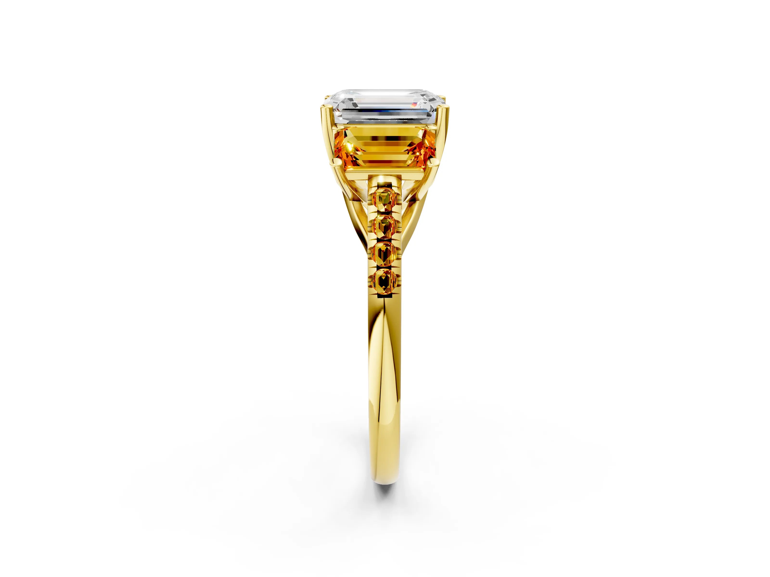 Yellow gold Three-Stone Emerald Cut Diamond Ring with Round with Citrine side stone Pavé Band and Prong Setting_2