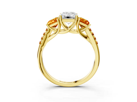 Yellow gold Three-Stone Emerald Cut Diamond Ring with Round with Citrine side stone Pavé Band and Prong Setting_3