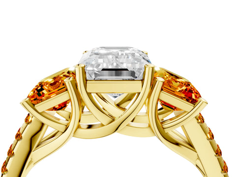 Yellow gold Three-Stone Emerald Cut Diamond Ring with Round with Citrine side stone Pavé Band and Prong Setting_4