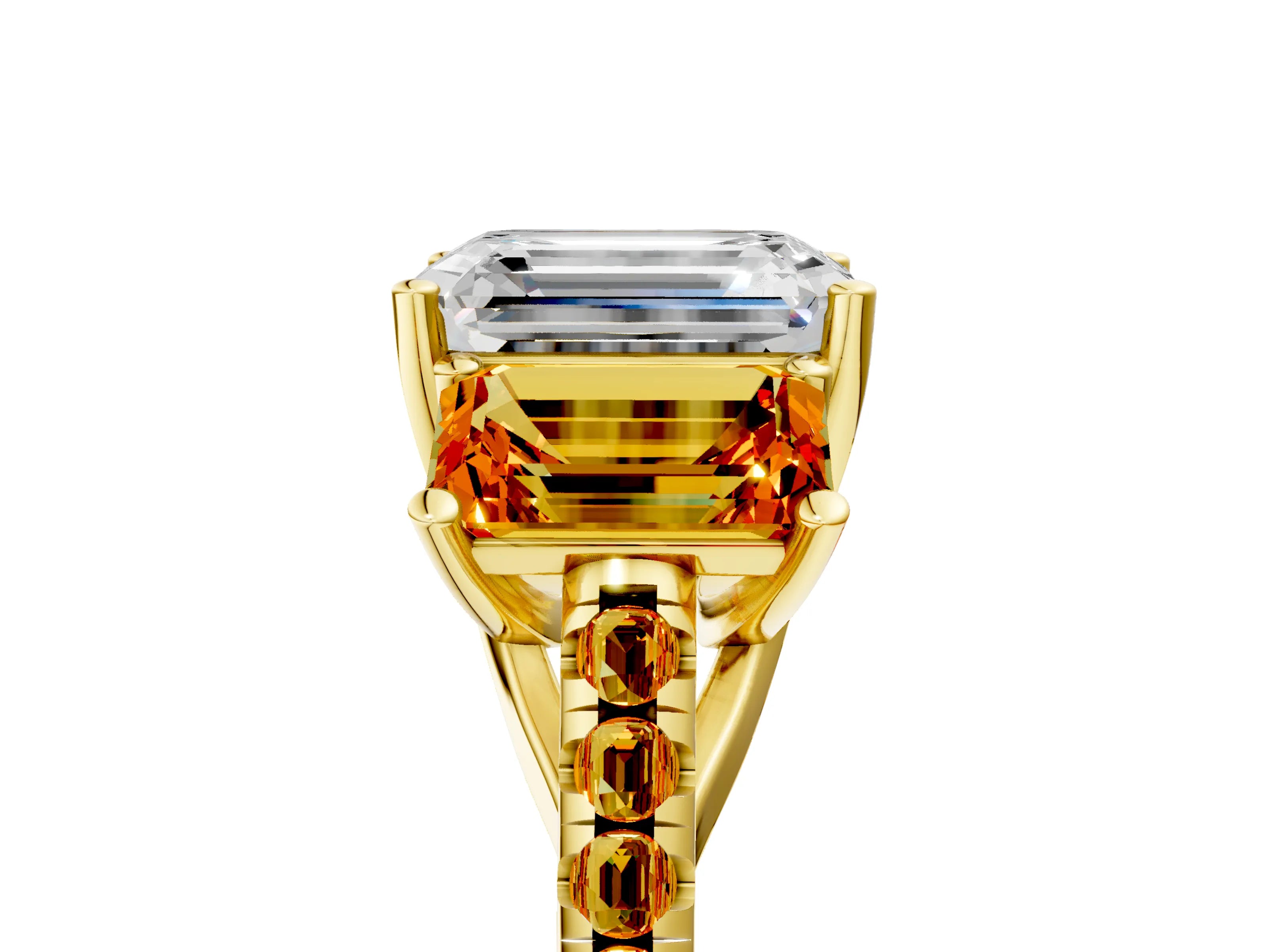 Yellow gold Three-Stone Emerald Cut Diamond Ring with Round with Citrine side stone Pavé Band and Prong Setting_5