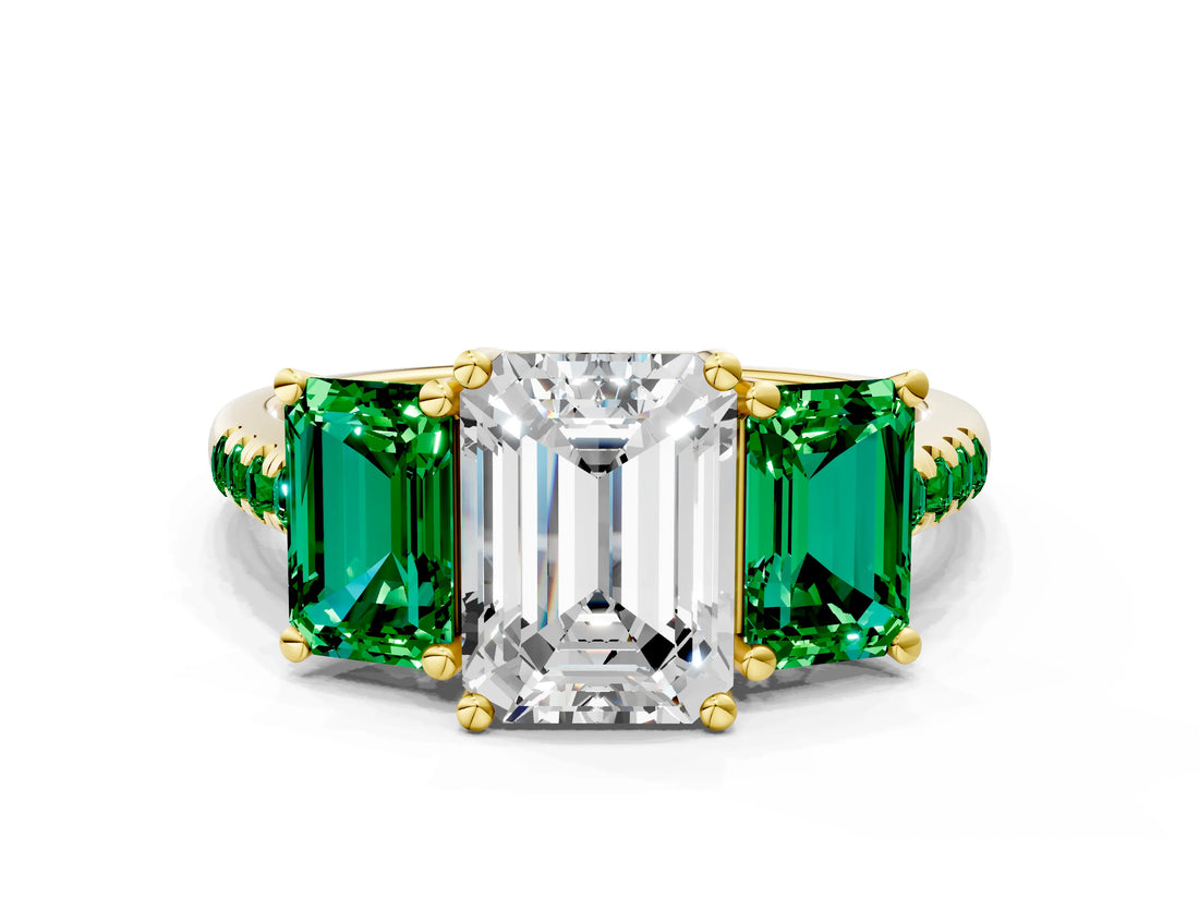 Yellow gold Three-Stone Emerald Cut Diamond Ring with Round with Emerald side stone Pavé Band and Prong Setting