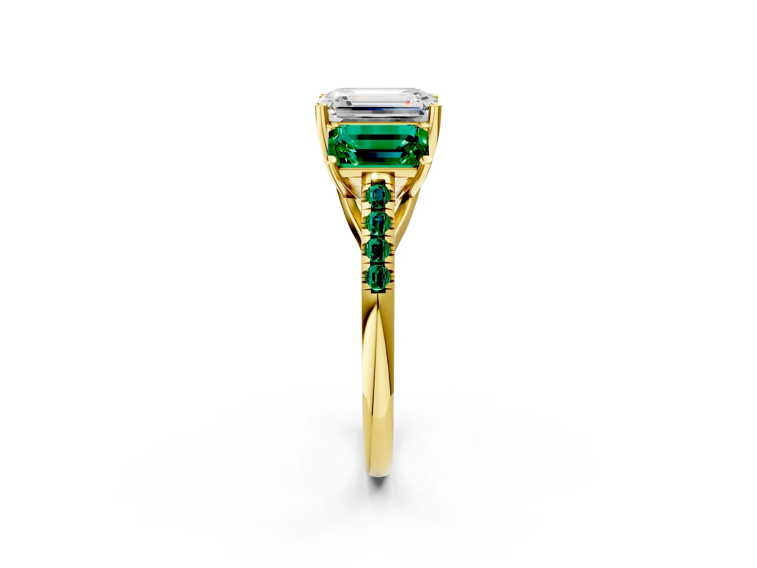 Yellow gold Three-Stone Emerald Cut Diamond Ring with Round with Emerald side stone Pavé Band and Prong Setting_2