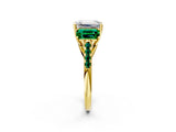 Yellow gold Three-Stone Emerald Cut Diamond Ring with Round with Emerald side stone Pavé Band and Prong Setting_2