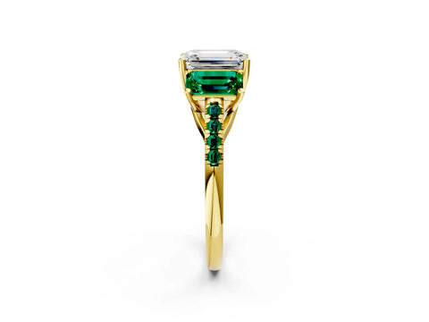 Yellow gold Three-Stone Emerald Cut Diamond Ring with Round with Emerald side stone Pavé Band and Prong Setting_2
