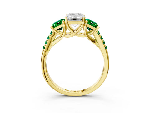 Yellow gold Three-Stone Emerald Cut Diamond Ring with Round with Emerald side stone Pavé Band and Prong Setting_3