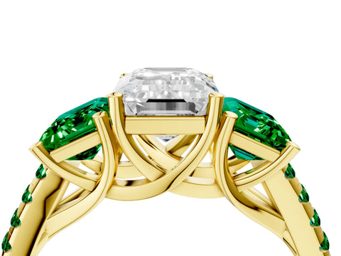 Yellow gold Three-Stone Emerald Cut Diamond Ring with Round with Emerald side stone Pavé Band and Prong Setting_4